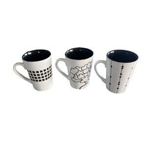 Crate & Barrel White Black Dots Flowers Stripes Squares Coffee Mugs Set of 3